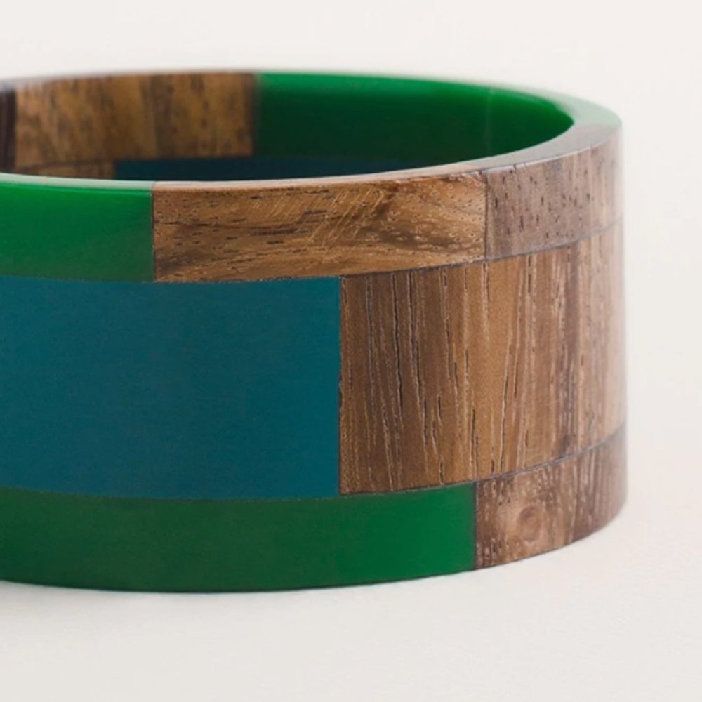 New Chico's Wide Blue and Green Wood Bangle Bracelet - Picture 2 of 10